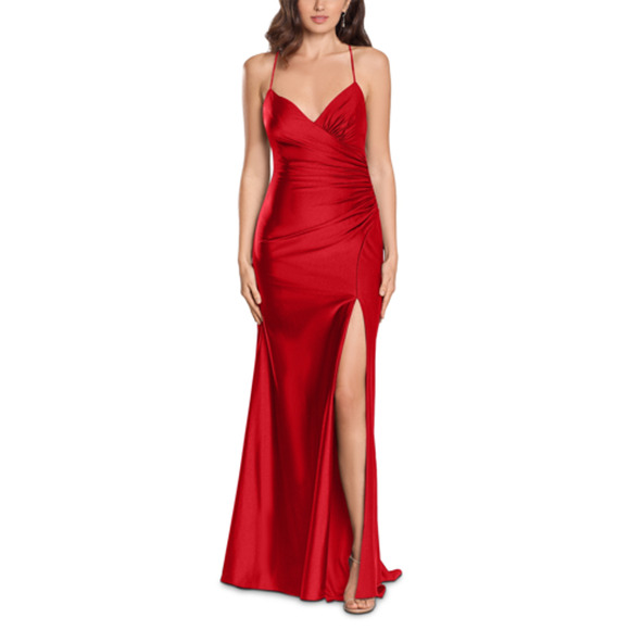 XSCAPE Stretch Satin Strappy Side-gathered High-slit Dress In Red Size 6 NWOT - Picture 1 of 11